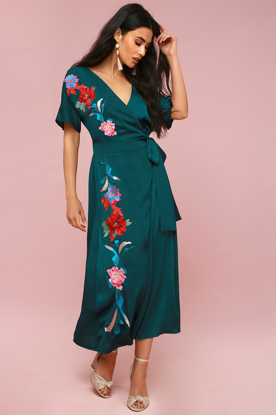 Lost Ink Josephina - Green Embroidered Wrap Maxi Dress - Lulus
